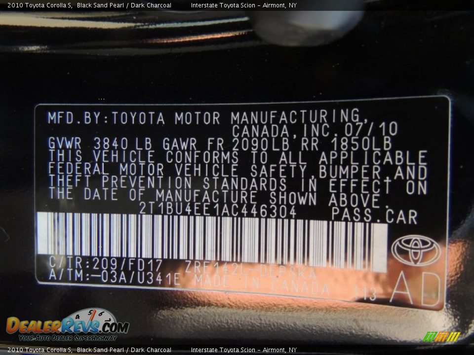 2010 Toyota Corolla S Black Sand Pearl / Dark Charcoal Photo #25