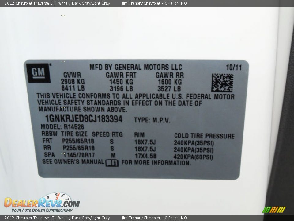 2012 Chevrolet Traverse LT White / Dark Gray/Light Gray Photo #17