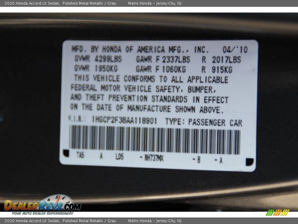 2010 Honda Accord LX Sedan Polished Metal Metallic / Gray Photo #16