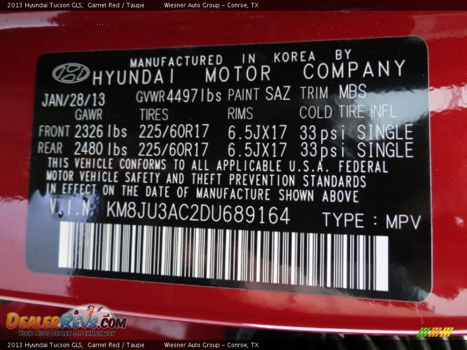 2013 Hyundai Tucson GLS Garnet Red / Taupe Photo #6
