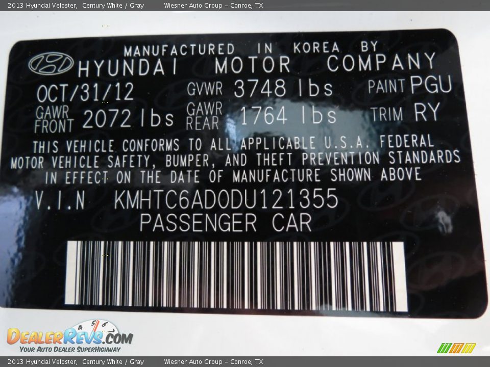 2013 Hyundai Veloster Century White / Gray Photo #7