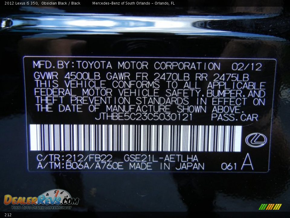 Lexus Color Code 212 Obsidian Black