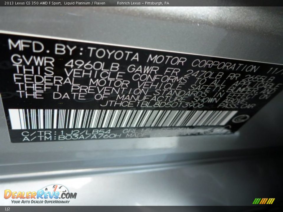 Lexus Color Code 1J2 Liquid Platinum