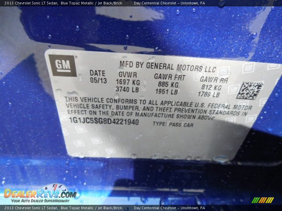 2013 Chevrolet Sonic LT Sedan Blue Topaz Metallic / Jet Black/Brick Photo #19