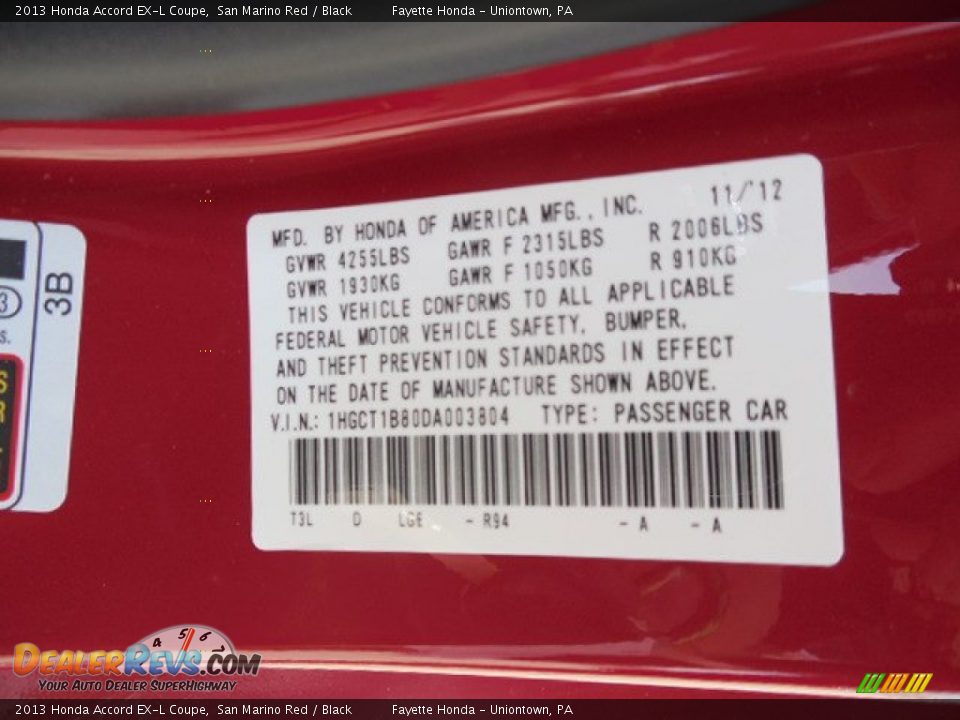 2013 Honda Accord EX-L Coupe San Marino Red / Black Photo #9