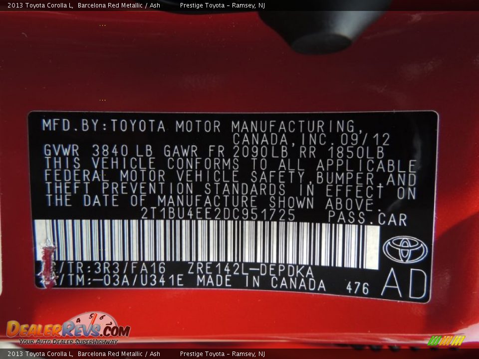 2013 Toyota Corolla L Barcelona Red Metallic / Ash Photo #14