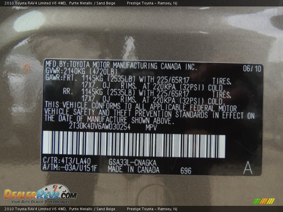 2010 Toyota RAV4 Limited V6 4WD Pyrite Metallic / Sand Beige Photo #15