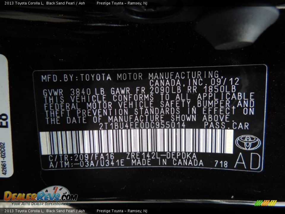 2013 Toyota Corolla L Black Sand Pearl / Ash Photo #15