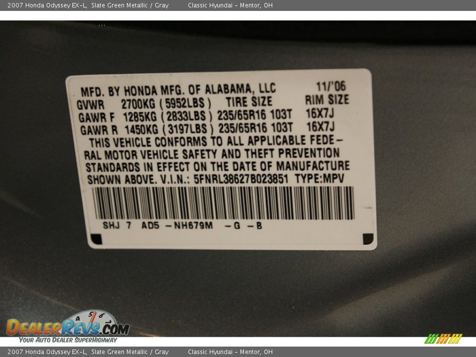 2007 Honda Odyssey EX-L Slate Green Metallic / Gray Photo #21