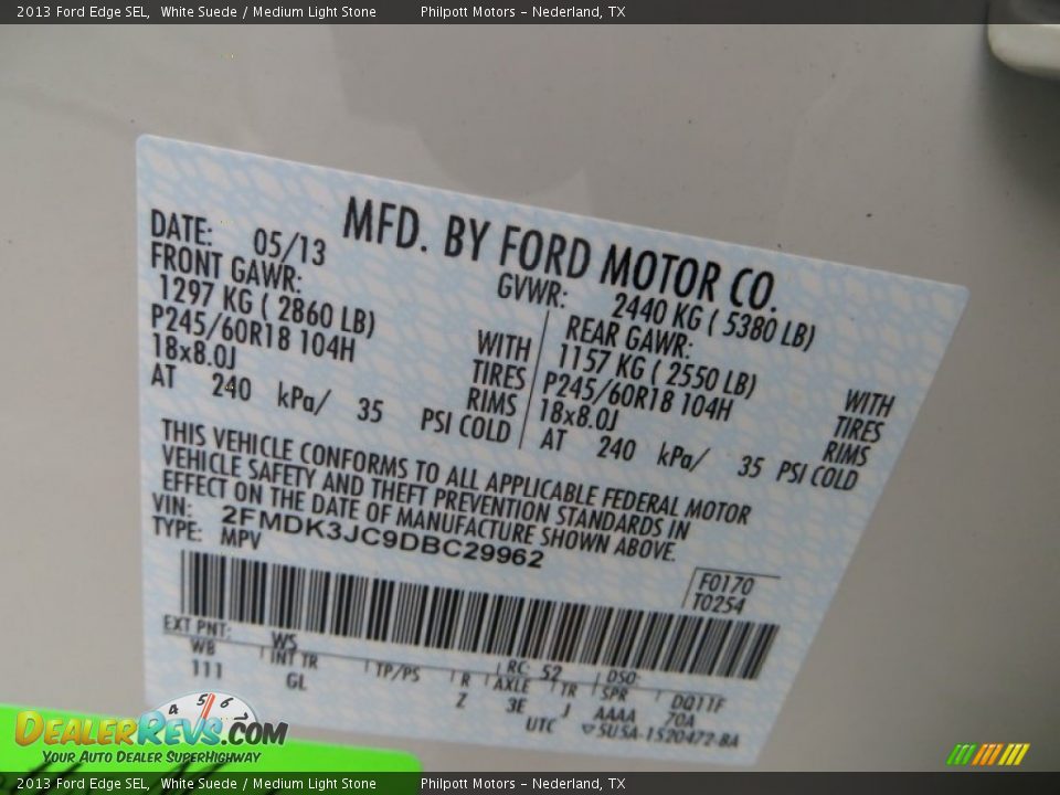 2013 Ford Edge SEL White Suede / Medium Light Stone Photo #35