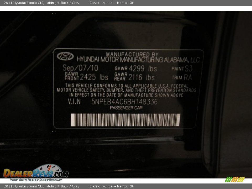 2011 Hyundai Sonata GLS Midnight Black / Gray Photo #16