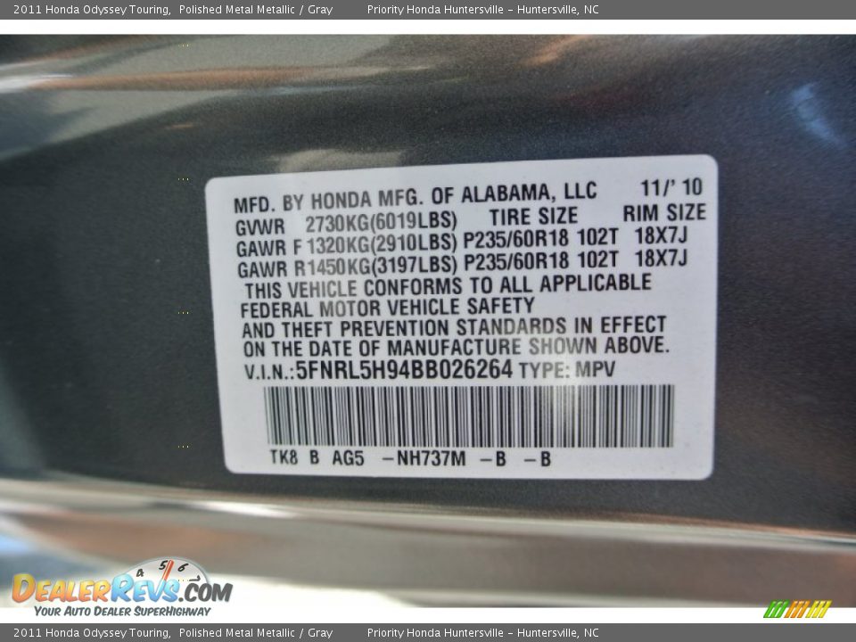 2011 Honda Odyssey Touring Polished Metal Metallic / Gray Photo #7