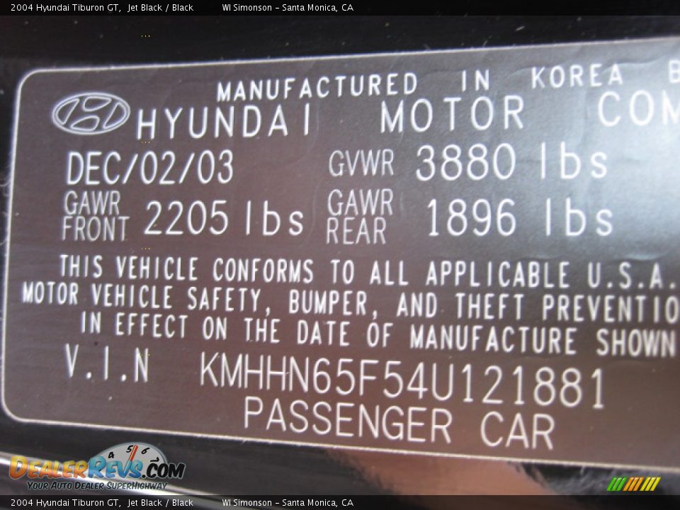 2004 Hyundai Tiburon GT Jet Black / Black Photo #25