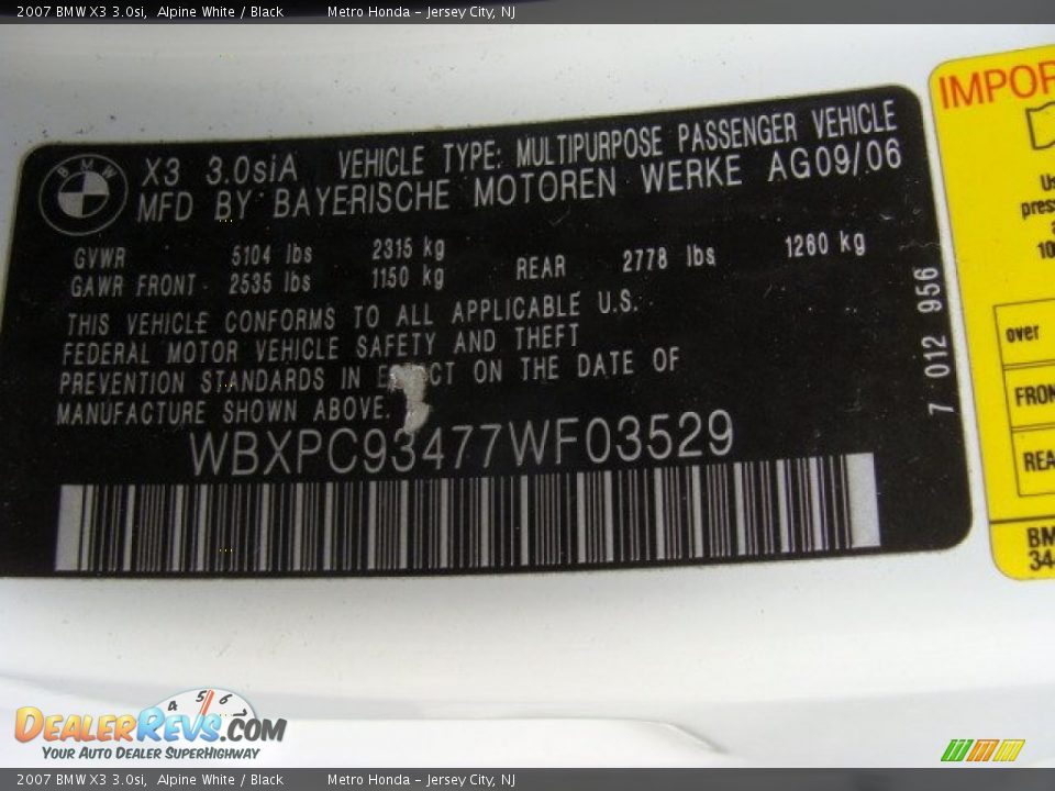 2007 BMW X3 3.0si Alpine White / Black Photo #16