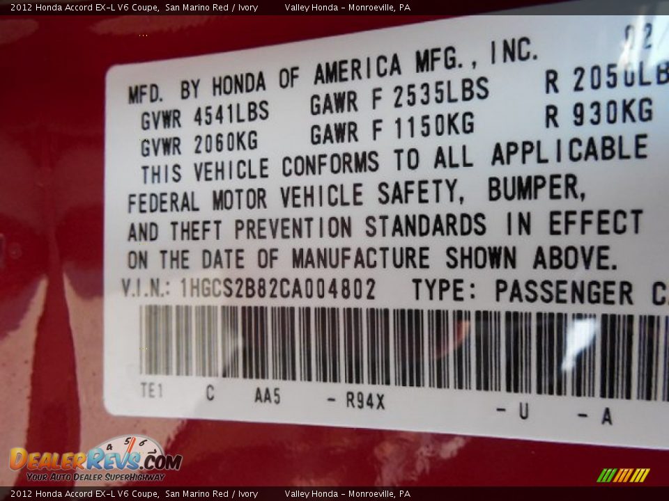 2012 Honda Accord EX-L V6 Coupe San Marino Red / Ivory Photo #14