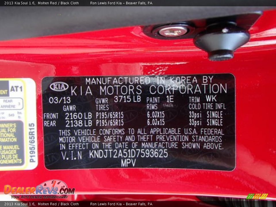 2013 Kia Soul 1.6 Molten Red / Black Cloth Photo #20