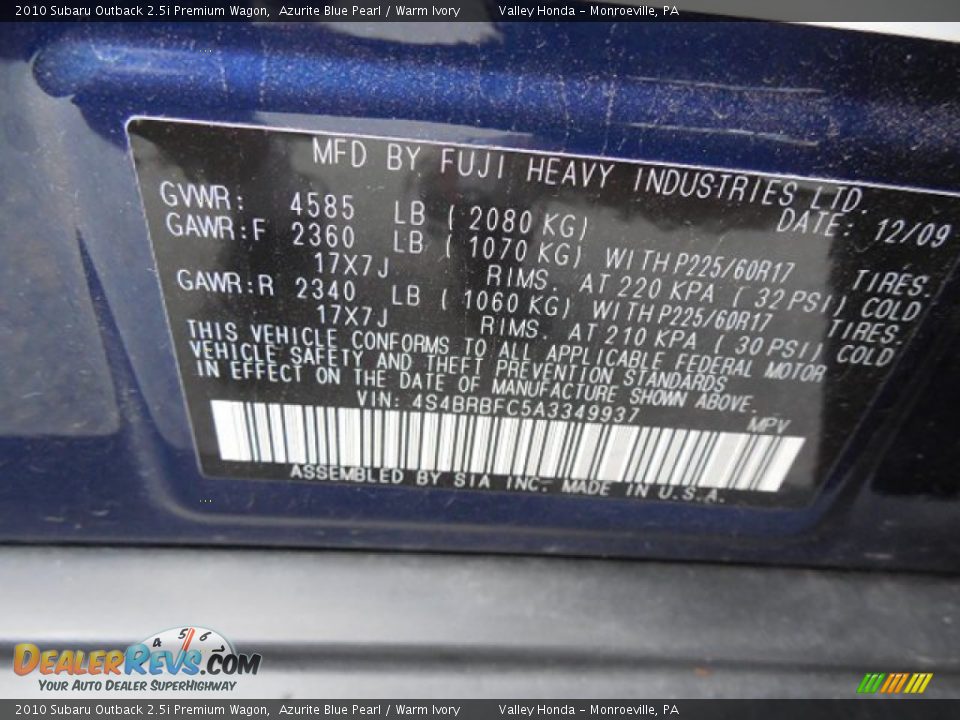 2010 Subaru Outback 2.5i Premium Wagon Azurite Blue Pearl / Warm Ivory Photo #14