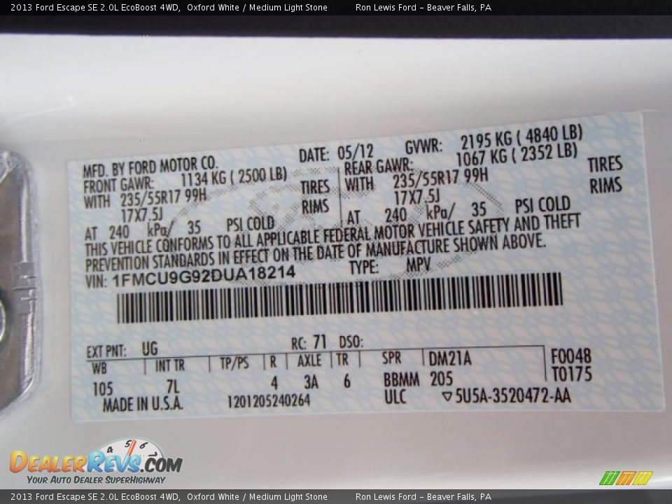 2013 Ford Escape SE 2.0L EcoBoost 4WD Oxford White / Medium Light Stone Photo #20