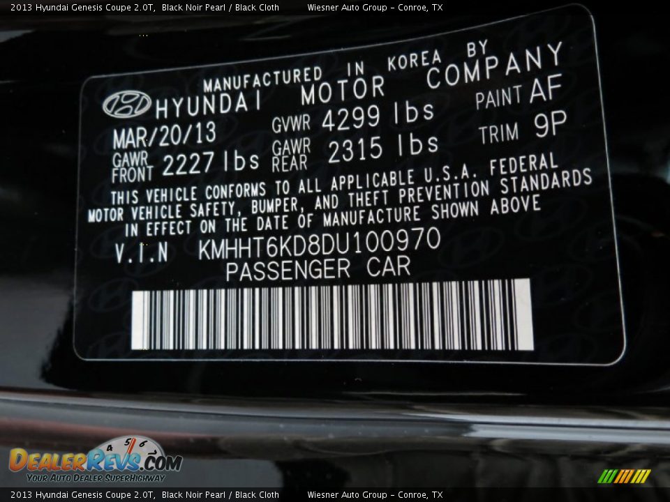 2013 Hyundai Genesis Coupe 2.0T Black Noir Pearl / Black Cloth Photo #8