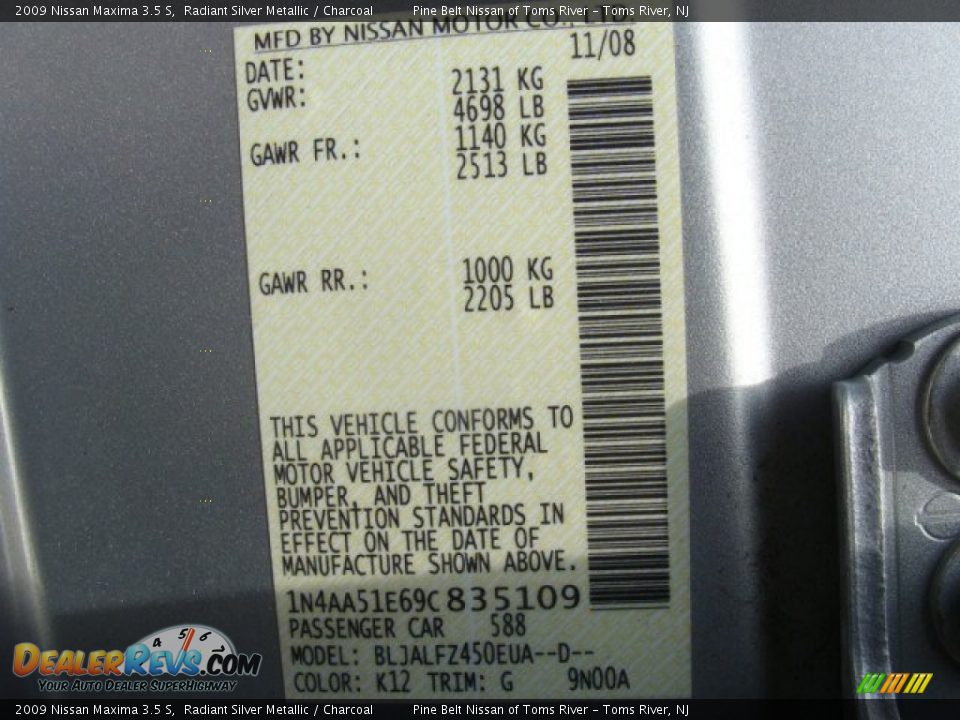 2009 Nissan Maxima 3.5 S Radiant Silver Metallic / Charcoal Photo #12