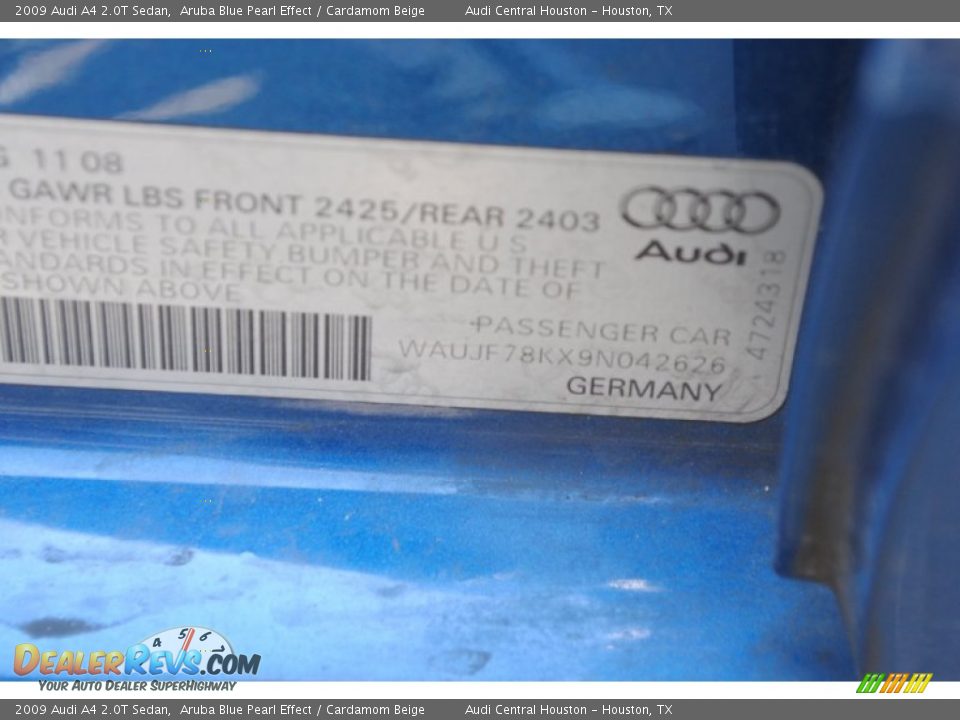 2009 Audi A4 2.0T Sedan Aruba Blue Pearl Effect / Cardamom Beige Photo #25