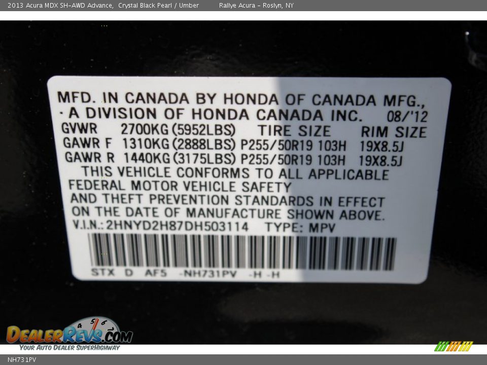 Acura Color Code NH731PV Crystal Black Pearl