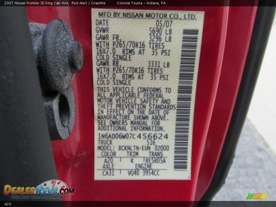 Nissan Color Code A20 Red Alert