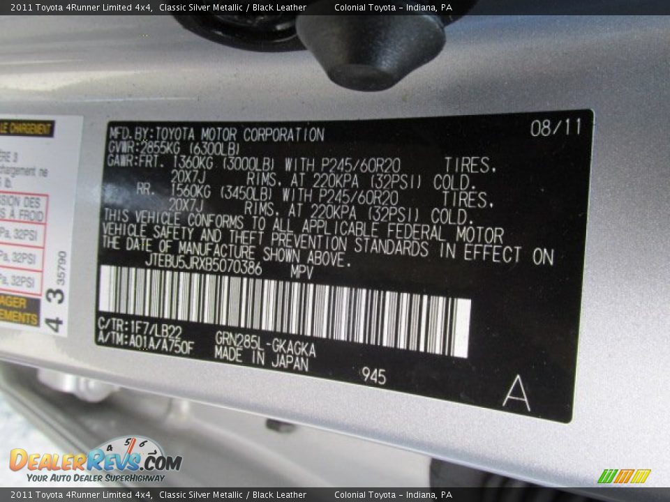 2011 Toyota 4Runner Limited 4x4 Classic Silver Metallic / Black Leather Photo #19
