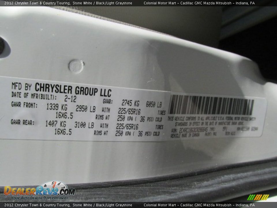 2012 Chrysler Town & Country Touring Stone White / Black/Light Graystone Photo #19