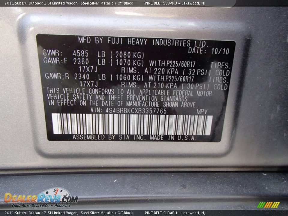 2011 Subaru Outback 2.5i Limited Wagon Steel Silver Metallic / Off Black Photo #16