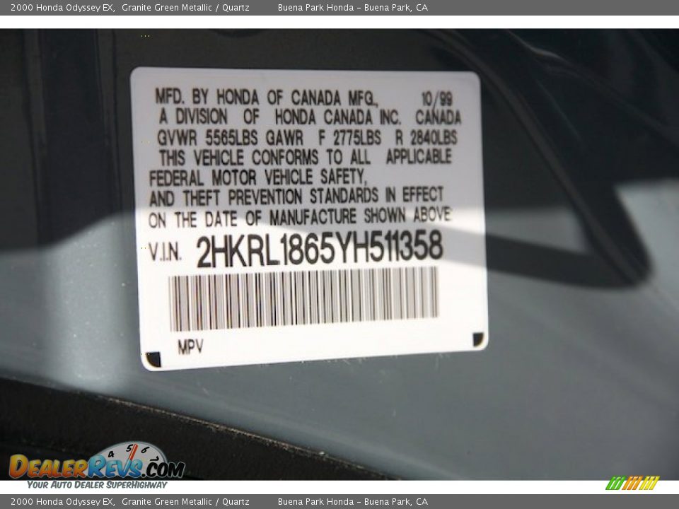 2000 Honda Odyssey EX Granite Green Metallic / Quartz Photo #36