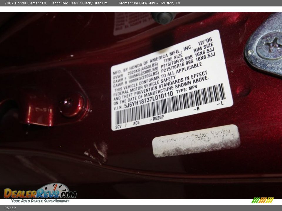Honda Color Code R525P Tango Red Pearl