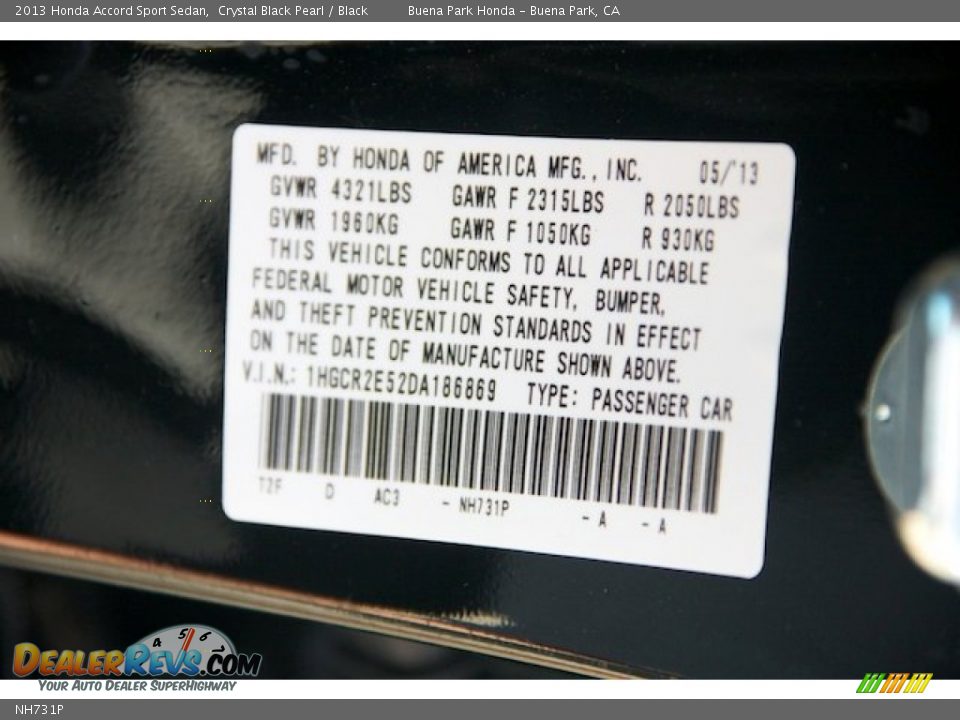 Honda Color Code NH731P Crystal Black Pearl