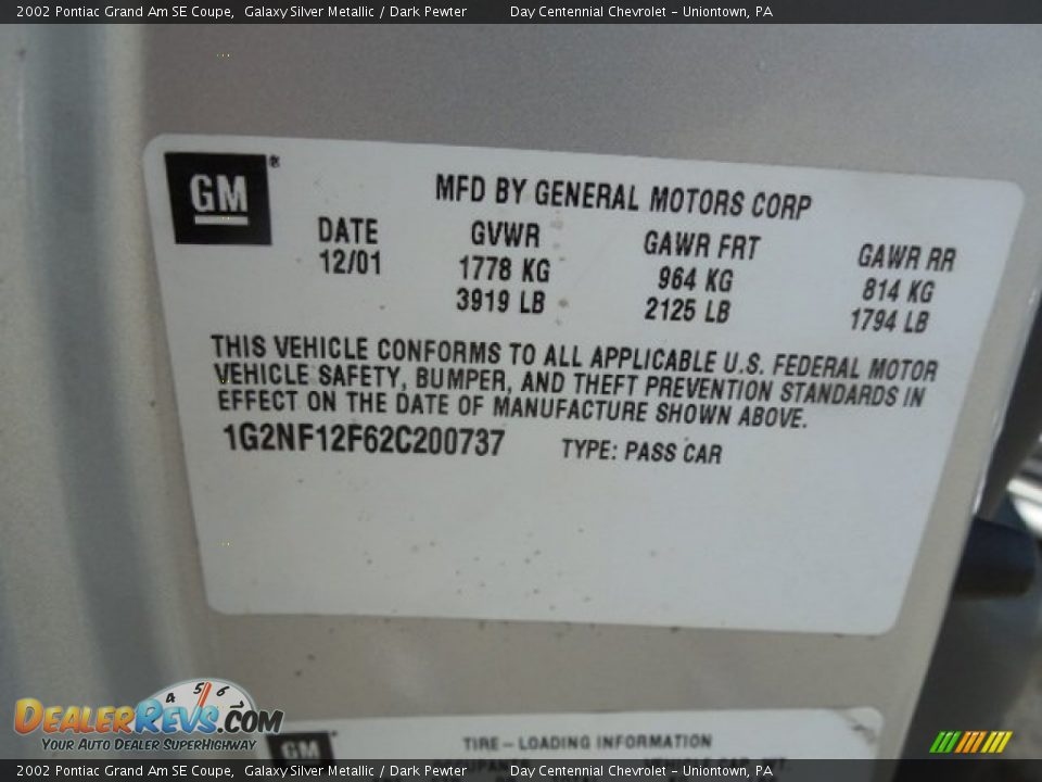 Info Tag of 2002 Pontiac Grand Am SE Coupe Photo #19