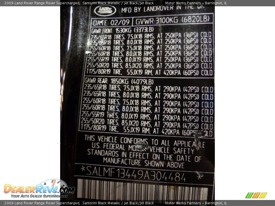 Info Tag of 2009 Land Rover Range Rover Supercharged Photo #20