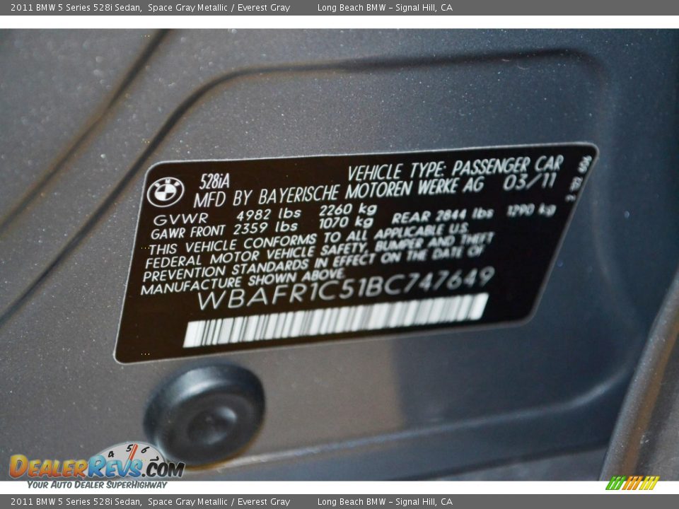 2011 BMW 5 Series 528i Sedan Space Gray Metallic / Everest Gray Photo #8