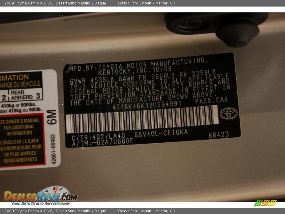 2009 Toyota Camry XLE V6 Desert Sand Metallic / Bisque Photo #30