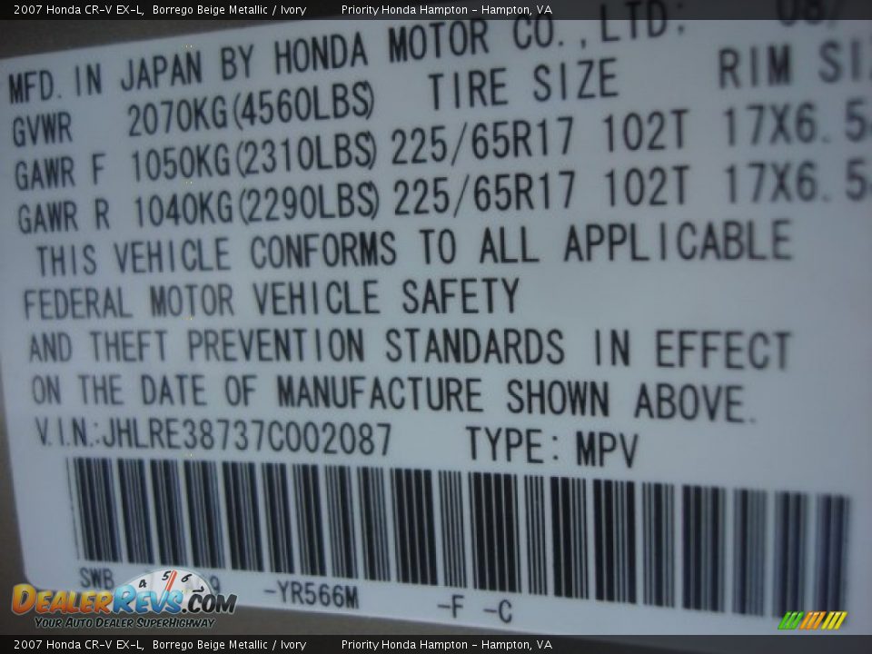 2007 Honda CR-V EX-L Borrego Beige Metallic / Ivory Photo #30