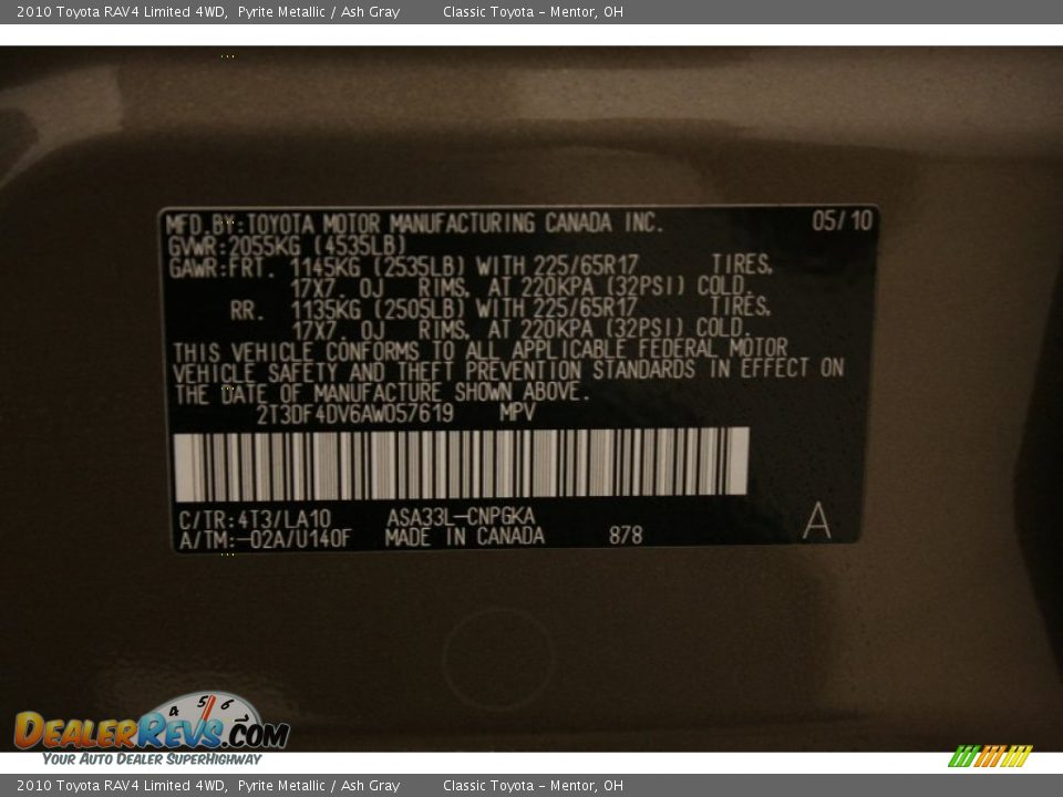 2010 Toyota RAV4 Limited 4WD Pyrite Metallic / Ash Gray Photo #18