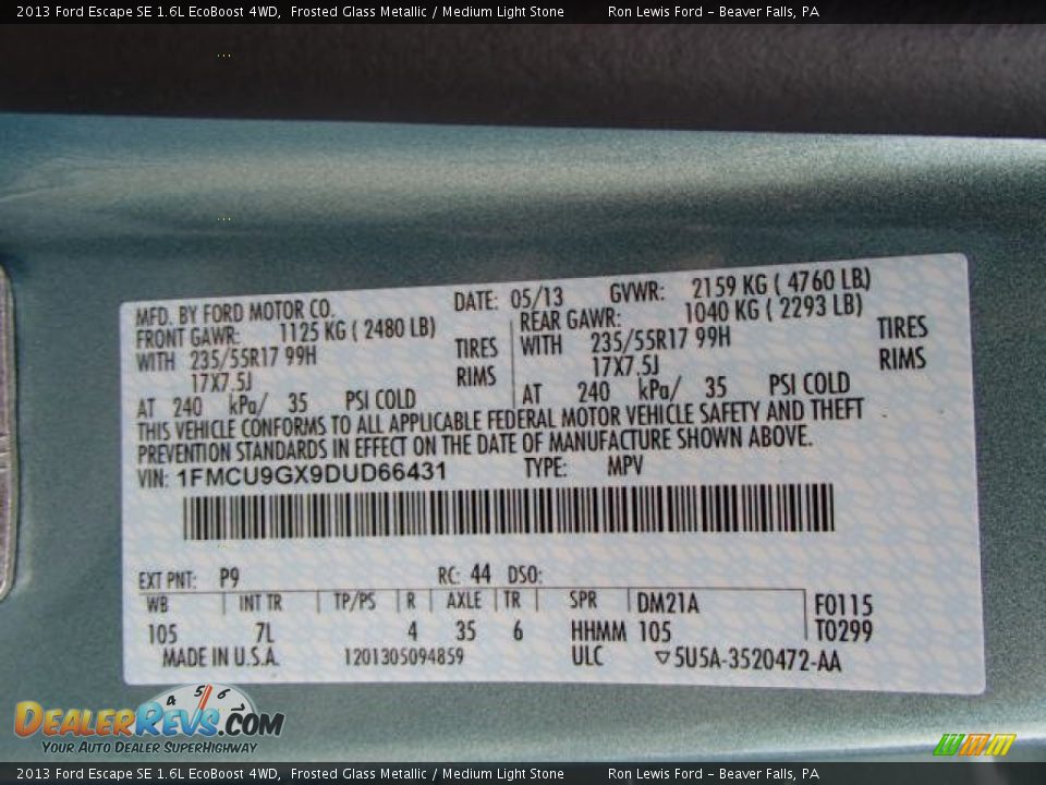 2013 Ford Escape SE 1.6L EcoBoost 4WD Frosted Glass Metallic / Medium Light Stone Photo #20