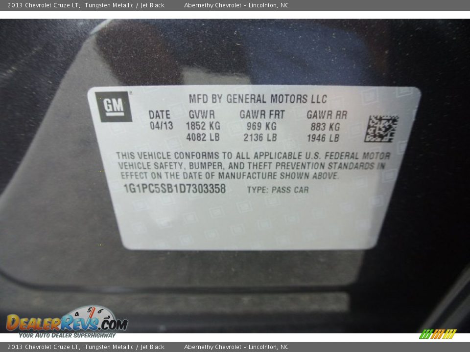 2013 Chevrolet Cruze LT Tungsten Metallic / Jet Black Photo #7