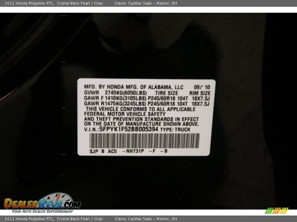 2011 Honda Ridgeline RTL Crystal Black Pearl / Gray Photo #24