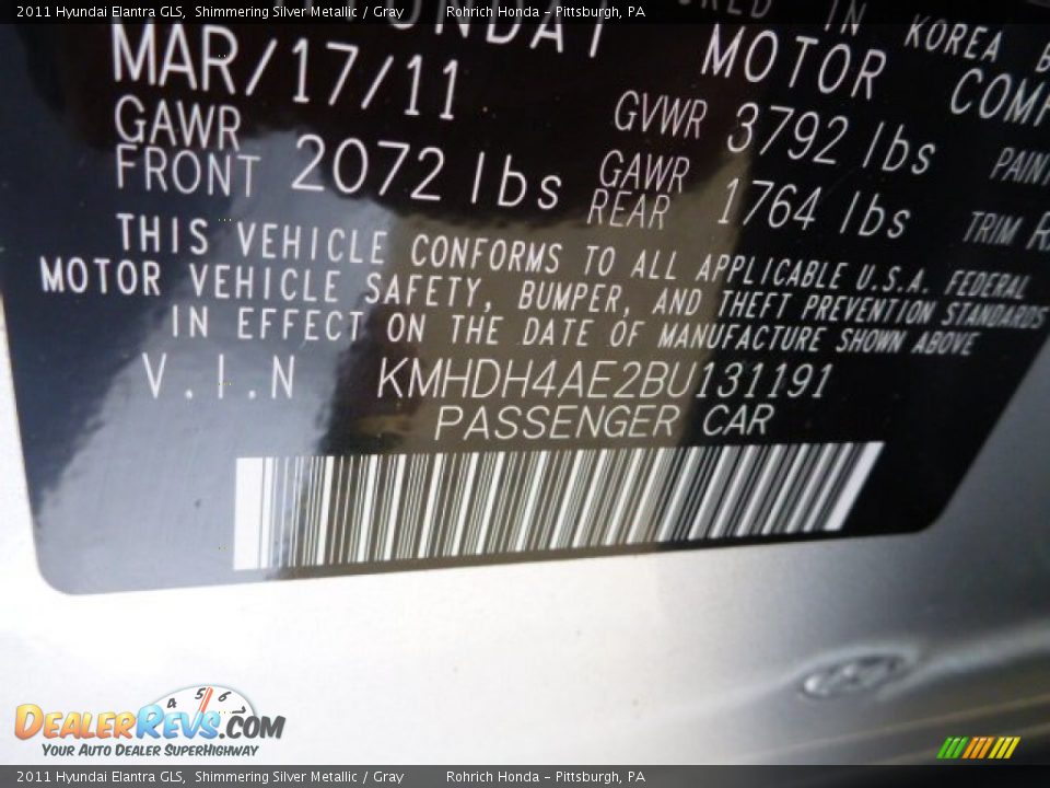 2011 Hyundai Elantra GLS Shimmering Silver Metallic / Gray Photo #16
