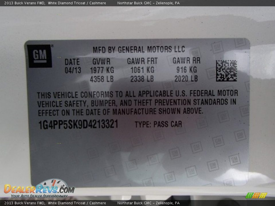 2013 Buick Verano FWD White Diamond Tricoat / Cashmere Photo #20