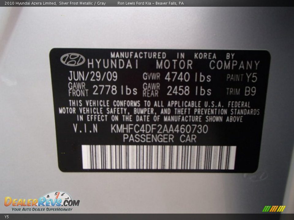 Hyundai Color Code Y5 Silver Frost Metallic