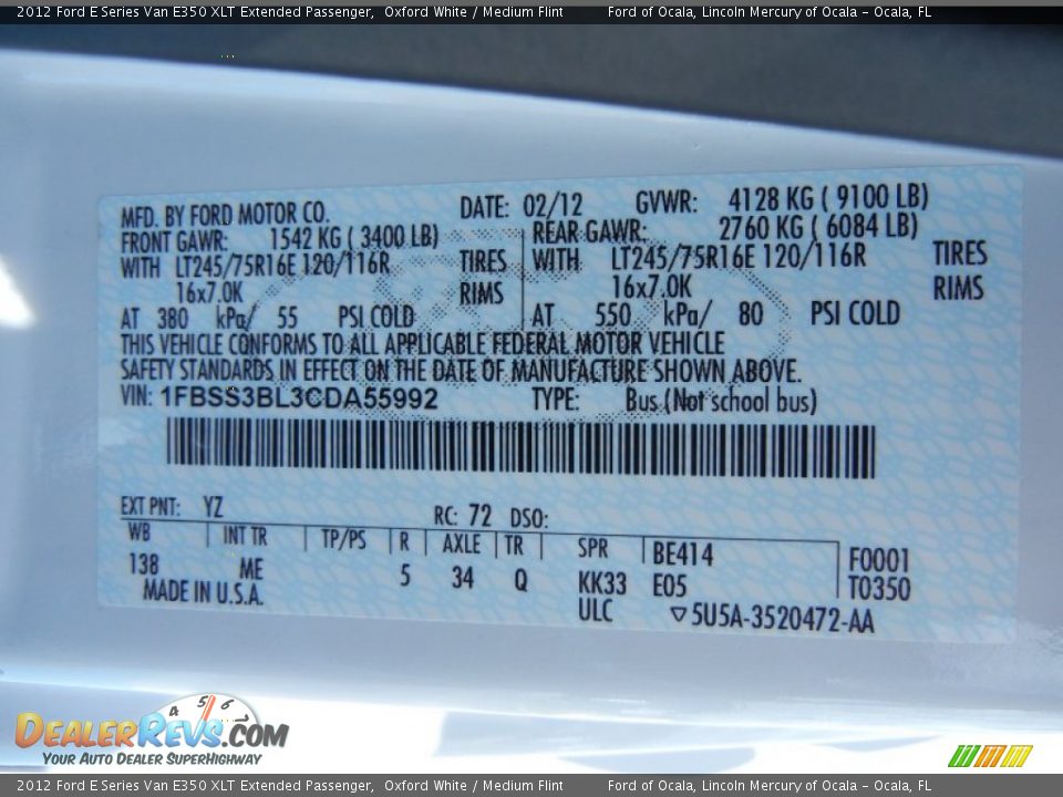 2012 Ford E Series Van E350 XLT Extended Passenger Oxford White / Medium Flint Photo #29