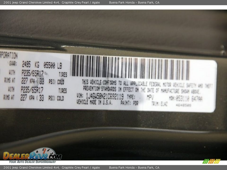 2001 Jeep Grand Cherokee Limited 4x4 Graphite Grey Pearl / Agate Photo #35