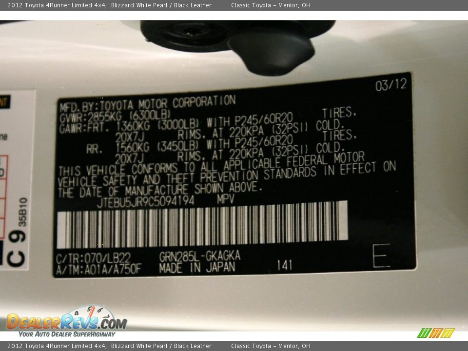 2012 Toyota 4Runner Limited 4x4 Blizzard White Pearl / Black Leather Photo #18