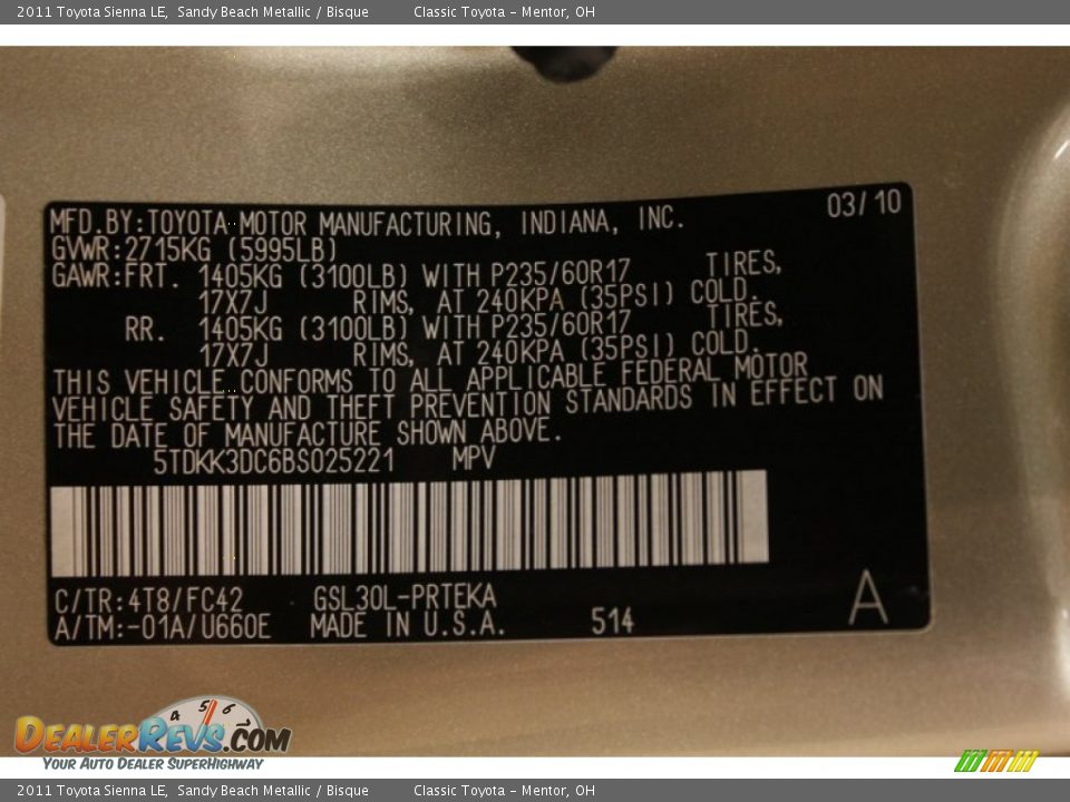 2011 Toyota Sienna LE Sandy Beach Metallic / Bisque Photo #19