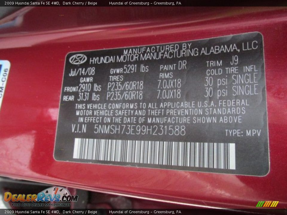 2009 Hyundai Santa Fe SE 4WD Dark Cherry / Beige Photo #24